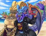  anthro beach big_breasts breasts capcom cellphone clothed clothing duo elder_dragon female fur hair hi_res horn kulve_taroth lunastra monster_hunter phone samwich_(artist) seaside smile video_games yellow_eyes 