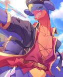  ambiguous_gender belt blue_body blue_sky bottomless clothed clothing cloud coat d.summer determined dragon fin garchomp hi_res muscular nintendo open_clothing open_coat open_shirt open_topwear pecs pirate_hat pok&eacute;mon pok&eacute;mon_(species) red_clothing red_shirt red_topwear scalie semi-anthro ship shirt sky smile solo spikes tongue topwear vehicle video_games watercraft yellow_eyes 