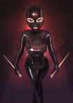  1girl absurdres black_bodysuit bodysuit breasts dagger dual_wielding gimp_mask highres holding holding_dagger holding_weapon kilye_kairi knife large_breasts latex latex_bodysuit mask red_eyes reverse_grip shiny shiny_clothes skin_tight solo spy_x_family stiletto_(weapon) weapon yor_briar 