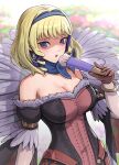  1girl :o bangle bangs bare_shoulders blonde_hair blue_choker blue_eyes blue_hairband bracelet breasts brown_gloves choker cleavage collarbone commentary constance_von_nuvelle dress drill_locks earrings fire_emblem fire_emblem:_three_houses fire_emblem_warriors:_three_hopes folding_fan fur-trimmed_dress fur_trim gloves gonzarez hairband hand_fan hand_up highres holding holding_fan jewelry large_breasts looking_at_viewer off-shoulder_dress off_shoulder official_alternate_costume official_alternate_hairstyle parted_lips shaded_face short_hair short_sleeves solo upper_body 