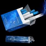  black_background blue_theme cigarette cigarette_pack commentary_request crescent_print english_text highres light_particles lighter no_humans original simple_background smoke starry_sky_print still_life translation_request yasuta_kaii32i 