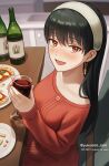  1girl :d black_hair blush bottle breasts commentary cup drink drinking_glass drunk earrings food highres jewelry long_hair looking_at_viewer peanut pizza pizza_slice red_eyes sitting smile solo spy_x_family table twitter_username wine_glass yor_briar yuko666 