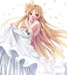  1girl bare_shoulders blonde_hair breasts bride cleavage commentary_request dress fate_testarossa large_breasts long_hair looking_at_viewer lyrical_nanoha mahou_shoujo_lyrical_nanoha open_mouth petals red_eyes smile solo sougetsu_izuki very_long_hair wedding_dress white_dress 