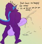  2022 absurd_res anthro antlers anus balls big_balls big_penis blue_hair bodily_fluids cum dialogue dragon excessive_cum genital_fluids genitals gradient_background hair hi_res horn huge_balls huge_penis hyper hyper_balls hyper_genitalia hyper_penis male muscular muscular_male nos_(nostracon) nostracon penis pink_eyes purple_body purple_skin rear_view signature simple_background solo vein veiny_penis 