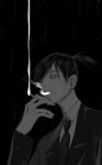  bangs between_fingers character_request cigarette collared_shirt ear_piercing formal glowing greyscale hair_over_one_eye hand_up highres holding holding_cigarette jacket jujutsu_kaisen long_sleeves looking_at_viewer monochrome necktie night open_mouth piercing ponytail rain shirt simple_background smoke smoking solo suit upper_body uyamai111 