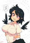  1girl bird_wings black_hair black_wings breasts carte collared_shirt eyebrows_visible_through_hair highres large_breasts pointy_ears red_eyes shameimaru_aya shirt simple_background solo touhou translation_request white_background white_shirt wings 
