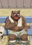  2022 anthro belly big_belly blush bodily_fluids brown_body clothing detailed_background eyes_closed hi_res kemono locker_room male mammal musk o_hashi2020 overweight overweight_male sitting solo sweat towel towel_around_neck underwear ursid 