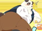  0119_muu 2022 anthro black_body black_nose blush bottomwear butt cellphone chips_(food) clothing eating food giant_panda humanoid_hands kemono lying male mammal overweight overweight_male pants phone shirt smartphone solo topwear ursid white_body 