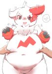  anthro belly belly_pinch blush claws cpon555 duo embarrassed fupa fur hi_res human mammal navel nintendo overweight pink_eyes pok&eacute;mon pok&eacute;mon_(species) simple_background squeezing video_games white_background white_body white_fur zangoose 