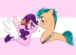  &lt;3 blush duo earth_pony equid equine eye_contact female feral hasbro hi_res hitch_trailblazer_(mlp) horse looking_at_another male male/female mammal mlp_g5 my_little_pony pegasus pipp_petals_(mlp) pony smile syrupyyy turquoise_hair wings 