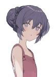  15hurikak 1girl :o bangs blush braid braided_bun character_request collarbone copyright_request eyebrows_visible_through_hair hair_between_eyes hair_bun highres looking_at_viewer overalls purple_eyes purple_hair red_overalls short_hair simple_background solo upper_body white_background 