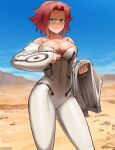  1girl artist_name bangs blue_eyes blue_sky blurry blurry_background bodysuit breasts cameltoe cleavage cloud code_geass collarbone commentary covered_navel day erodrunky highres holding kallen_stadtfeld large_breasts long_sleeves looking_at_viewer off_shoulder parted_bangs pink_hair serious shiny shiny_hair short_hair signature simple_background skin_tight sky solo wasteland white_bodysuit 