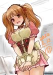  1girl asahina_mikuru blush breasts commentary_request corset dated embarrassed headdress highres large_breasts long_hair maid official_alternate_costume official_alternate_hairstyle open_mouth orange_eyes orange_hair oumi_mizu puffy_short_sleeves puffy_sleeves short_sleeves solo suzumiya_haruhi_no_yuuutsu twintails wrist_cuffs 