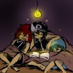  3others androgynous black_eyes black_hair black_shirt blanket collared_shirt dim_lighting green_hair hat hood hoodie kuyako leaning_on_person len&#039;en light_bulb mob_cap multiple_others reading red_hair shirt shitodo_aoji shitodo_hooaka shitodo_kuroji sleeping triangular_headpiece 