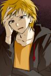  1boy absurdres bad_id bad_twitter_id black_jacket blonde_hair brown_eyes cherry_(sp_gkdla) crying crying_with_eyes_open drawstring hand_on_own_head highres hood hood_down hooded_jacket jacket korean_commentary long_sleeves male_focus open_clothes open_jacket open_mouth saibou_shinkyoku shirt short_hair solo tears yamori_ito yellow_shirt 