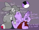  &lt;3 anthro bodily_fluids bottomless breed clothed clothing cum cum_in_pussy cum_inside dialogue duo english_text eyes_closed female genital_fluids genitals grey_background grey_body impregnation lagomorph leporid male male/female mammal nonbinary_bunny nude pawpads paws penetration penis purple_body rabbit rough_sex sex simple_background smile text topwear vaginal vaginal_penetration 