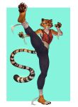  2022 4_fingers 4_toes absurd_res anthro clothed clothing dreamworks feet felid female fingers hi_res kung_fu_panda mammal master_tigress monian on_one_leg orange_eyes pantherine pawpads solo standing tiger toes 
