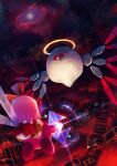  barcode cloud dark_clouds fairy fairy_wings flying from_behind glint gun halo highres holding holding_gun holding_weapon kirby kirby_(series) kirby_64 n-z one-eyed pink_hair red_eyes ribbon_(kirby) ripple_star short_hair suyasuyabi tail weapon wings zero_two_(kirby) 