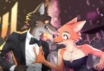  anthro birdpopo black_tie_(suit) canid canine canis cannie clothing dancing diane_foxington dreamworks dress female fox fur grey_body grey_fur hi_res male male/female mammal mr._wolf_(the_bad_guys) orange_body orange_fur party piercing romantic romantic_ambiance suit the_bad_guys wolf 