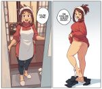  1girl :d apron ass boku_no_hero_academia breasts brown_hair english_text highres leggings leggings_pull long_sleeves mature_female multiple_views older open_mouth panties panty_pull red_sweater smile speech_bubble suoiresnu sweater underwear uraraka_ochako white_apron white_panties 