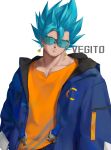  1boy absurdres bangs blue_jacket character_name closed_mouth dragon_ball dragon_ball_super earrings eyes_visible_through_eyewear fusion highres jacket jewelry ksuke_(k-taro31) looking_at_viewer male_focus open_clothes open_jacket orange_shirt potara_earrings shirt short_hair simple_background smile solo spiked_hair sunglasses super_saiyan super_saiyan_blue twitter_username upper_body vegetto white_background 