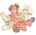  animate_inanimate anthro aviafoil_(artist) canid canine canis domestic_dog duo feet hi_res hindpaw lagomorph leporid living_plushie lying male male/male mammal pawpads paws plushie rabbit simple_background sitting soles text tickling 