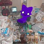  alcohol ambiguous_gender beer beverage blob_creature bottle can chair computer container dominix dominix_(character) furniture hi_res keyboard lamp messy messy_room owo purple_body sitting solo trash wood 