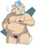  2022 anthro belly big_belly bikini blue_hair blush brown_body clothing gouryou hair hi_res humanoid_hands kemono lifewonders male mammal moobs overweight overweight_male solo suid suina sus_(pig) swimwear tokyo_afterschool_summoners umekemo42 video_games wild_boar 