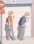  america_(hetalia) axis_powers_hetalia backpack bag blonde_hair blue_eyes blue_jacket brothers canada_(hetalia) charm_(object) child day from_side garage glasses highres ice_cream_cone jacket kumajirou_(hetalia) long_sleeves loudun_ff male_child no_parking_sign open_mouth outdoors puffy_long_sleeves puffy_sleeves road_sign shoes shutter siblings sidewalk sign sneakers spilling twins walking younger 