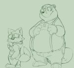  0ottotto0 2016 anthro belly big_belly bottomwear canid canine clothing duo eyewear fox glasses hi_res hoodie humanoid_hands kemono male mammal overweight overweight_male pants raccoon_dog shirt simple_background size_difference suspenders tanuki topwear 