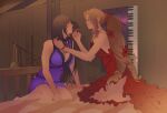  2girls aerith_gainsborough applying_makeup bare_legs bare_shoulders barefoot bed black_hair breasts brown_eyes brown_hair cleavage dress final_fantasy final_fantasy_vii final_fantasy_vii_remake flower freesiavacadoo green_eyes hair_flower hair_ornament hair_ribbon highres jewelry lipstick looking_at_another makeup multiple_girls necklace official_alternate_costume purple_dress purple_lips red_dress ribbon sleeveless sleeveless_dress smile strapless strapless_dress tifa_lockhart tifa_lockhart&#039;s_refined_dress 