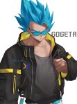  1boy absurdres black_jacket black_shirt blue_eyes blue_hair character_name closed_mouth dragon_ball dragon_ball_super dragon_ball_super_broly eyes_visible_through_eyewear fusion gogeta highres jacket ksuke_(k-taro31) male_focus open_clothes open_jacket shirt short_hair simple_background smile solo spiked_hair sunglasses super_saiyan super_saiyan_blue twitter_username upper_body white_background 