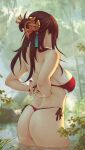  1girl ass beidou_(genshin_impact) bikini blurry blurry_background breasts brown_hair day english_commentary from_behind genshin_impact hair_ornament hair_stick large_breasts long_hair outdoors red_bikini solo soranamae standing swimsuit water 