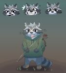  2022 anthro arrow_(weapon) band-aid bandage biped black_nose bow_(weapon) clothing cute_fangs grey_body happyraccoons hi_res hoodie mammal procyonid raccoon ranged_weapon scar solo tongue tongue_out topwear weapon 