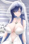 1girl absurdly_long_hair absurdres animal_ears azur_lane blue_eyes blue_hair breasts bridal_veil bride cleavage dress fake_animal_ears flower gloves highres large_breasts long_hair looking_at_viewer new_jersey_(azur_lane) new_jersey_(snow-white_ceremony)_(azur_lane) official_alternate_costume one_eye_closed oversized_breast_cup rabbit_ears rklk rose simple_background smile solo veil very_long_hair wedding_dress white_flower white_gloves white_rose 