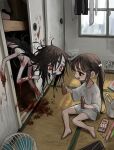  2girls artist_name bangs bare_legs barefoot black_eyes black_hair blood blood_on_arm blood_on_hands blood_on_wall bloody_handprints bottle bright_pupils brown_hair child closet day drooling electric_fan extra_arms film_grain hair_between_eyes holding holding_bottle indoors ishida_umi long_hair looking_at_another messy_hair monster_girl multiple_girls on_floor open_mouth original oversized_clothes oversized_shirt pale_skin red_eyes saliva shirt short_sleeves sidelocks sitting sliding_doors t-shirt tatami tongue tongue_out twintails very_long_hair watermark white_pupils white_shirt window 