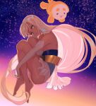  1girl :3 :d bare_shoulders blonde_hair creature dark-skinned_female dark_skin elbow_gloves fetal_position floating floating_hair from_side full_body gloves gradient gradient_background halterneck hand_on_own_knee hand_up highres hololive hololive_english layered_clothes long_hair looking_at_viewer looking_to_the_side original outstretched_arm pako_(pakosun) plantar_flexion pleated_skirt see-through sideways_glance skirt smile sparkle tsukumo_sana very_long_hair white_skirt 