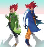  2boys absurdres armor black_bodysuit black_gloves blue_coat bodysuit chest_armor clenched_hands closed_mouth coat dougi dragon_ball dragon_ball_super dragon_ball_super_broly gloves green_coat high_collar highres ksuke_(k-taro31) looking_at_another male_focus multiple_boys open_clothes open_coat red_eyes red_hair saiyan_armor serious short_hair son_goku spiked_hair super_saiyan super_saiyan_god twitter_username vegeta white_gloves 