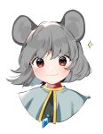  1girl akagashi_hagane animal_ears bangs black_shirt blue_capelet capelet closed_mouth cropped_torso grey_hair jewelry looking_at_viewer mouse_ears nazrin pendant portrait red_eyes shirt short_hair simple_background smile solo sparkle touhou white_background 
