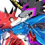  anthro bandai_namco belt betelgammamon black_body black_sclera cape clothing digimon digimon_ghost_game duo glowing glowing_eyes grusgammamon horn im7yx male red_body sharp_teeth teeth yellow_eyes 