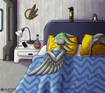  1nfer0 2022 4_ears aaron_(avali) absurd_res avali avalon_(avali) avian bed bedroom blue_blanket eyes_closed feathers furniture furniture_lamp green_body green_feathers green_head grey_arms grey_body grey_feathers grey_head grey_tail grey_tail_feathers grey_tail_tuft grey_wings hi_res hyper_potion lamp linus_tech_tips male multi_ear on_bed phone pillow potion sleeping solo tail_tuft tuft tux_the_penguin under_covers water_bottle white_wall winged_arms wings yellow_pillow 