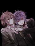  2boys :d >:( bad_id bad_twitter_id black_background black_jacket black_vest blood blood_on_face blood_on_knife blood_on_weapon brown_hair cherry_(sp_gkdla) chromatic_aberration closed_mouth collared_shirt frown green_jacket hair_between_eyes harada_mutei highres holding holding_knife holding_weapon jacket knife korean_commentary long_sleeves male_focus multiple_boys open_clothes open_jacket open_mouth purple_hair red_eyes saibou_shinkyoku shirt short_hair smile spoilers suit_jacket theodore_riddle v-shaped_eyebrows vest weapon white_shirt 