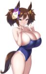  1girl absurdres animal_ears blue_swimsuit breasts brown_hair cameltoe covered_navel deefourcee deep_skin fox_mask fox_shadow_puppet green_eyes hair_between_eyes hair_ribbon highleg highleg_swimsuit highres horse_ears horse_girl horse_tail huge_breasts inari_one_(umamusume) long_hair looking_at_viewer mask mask_on_head one-piece_swimsuit open_mouth oppai_loli ribbon school_swimsuit simple_background solo swimsuit tail twintails umamusume undersized_clothes white_background yellow_ribbon 