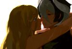  2girls backlighting bare_shoulders black_hair blonde_hair blue_eyes brown_eyes colored_eyelashes eye_contact face-to-face g00d1a grey_hair hair_between_eyes half-closed_eyes highres horns hug imminent_kiss long_hair looking_at_another lyza_(made_in_abyss) made_in_abyss multicolored_hair multiple_girls outstretched_arm outstretched_arms ozen portrait scar scar_on_arm simple_background two-tone_hair white_background yuri 