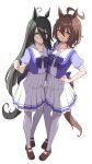  2girls absurdres agnes_tachyon_(umamusume) ahoge animal_ears arm_around_waist bangs black_hair blush bow bowtie brown_footwear brown_hair clenched_hand earrings from_above full_body hair_between_eyes hand_on_hip highres horse_ears horse_girl horse_tail jewelry long_bangs long_hair looking_at_viewer manhattan_cafe_(umamusume) mary_janes medium_hair messy_hair multiple_girls nagaburo_imoni open_mouth pleated_skirt puffy_short_sleeves puffy_sleeves purple_bow purple_bowtie purple_shirt red_eyes sailor_collar school_uniform serafuku shirt shoes short_sleeves simple_background single_earring skirt smile standing straight_hair summer_uniform tail tareme thighhighs tracen_school_uniform umamusume very_long_hair white_background white_legwear white_skirt yellow_eyes 