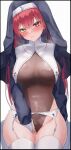  1girl absurdres alternate_costume blush bodystocking breasts covered_navel garter_belt garter_straps habit heterochromia highres hololive houshou_marine leotard long_hair medium_breasts mizuongaku nun red_eyes red_hair sitting solo steaming_body virtual_youtuber yellow_eyes 