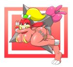  anthro areola areola_slip bandage big_breasts big_butt bikini bikini_bottom bikini_top blonde_hair bow_(disambiguation) breasts butt butt_pose claws clothing cricket-inc eyelashes female gesture giant_weapon hair hi_res holding_object holding_weapon koopa looking_at_viewer mario_bros ninja nintendo nipple_outline object_in_mouth pink_areola pink_background pink_body pink_bow pink_scales pom_pom_(mario) ponytail pose ranged_weapon red_eyes red_scarf reptile scales scalie scarf scark scroll sharp_claws shuriken simple_background solo swimwear thick_thighs video_games warrior weapon weapon_on_hip white_background white_claws wide_hips yellow_bikini yellow_clothing yellow_swimwear 