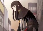  1girl bangs black_hair broken_window brown_sky building green_eyes grey_eyes heterochromia highres long_hair low-tied_long_hair original rusellunt sidelocks solo upper_body very_long_hair 