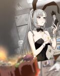  1girl absurdres animal_ears black_bow black_bowtie blurry blurry_foreground borrowed_character bow bowtie breasts broken_egg cleavage detached_collar egg eyebrows_visible_through_hair fake_animal_ears food food_on_breasts food_on_face glint grey_eyes grey_hair hands_up highres holding holding_phone long_hair maid_(gogalking) original phone playboy_bunny ponytail rabbit_ears rusellunt sidelocks solo very_long_hair wrist_cuffs 