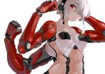  1girl absurdres android blush breasts extra_arms highres looking_at_viewer mechanical_arms navel one_eye_closed original red_eyes short_hair simple_background solo white_background white_hair yunimaru 